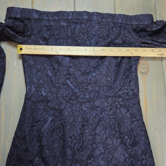 Trina Turk Navy Lace Off Shoulder Dress Size 2 Puff Sleeve Scalloped Hem - Picture 8 of 15